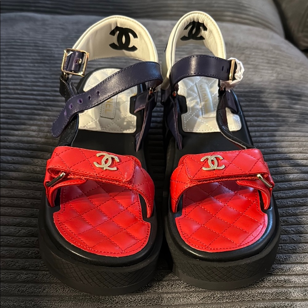 Chanel Red and Black Quilted Sandals